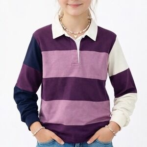 NorthCrest Rugby Shirt Purple Striped Long Sleeve Cotton Polo Medium M 10/12 Kid